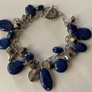 Lapis Lazuli and Pyrite Silver Charm Bracelet